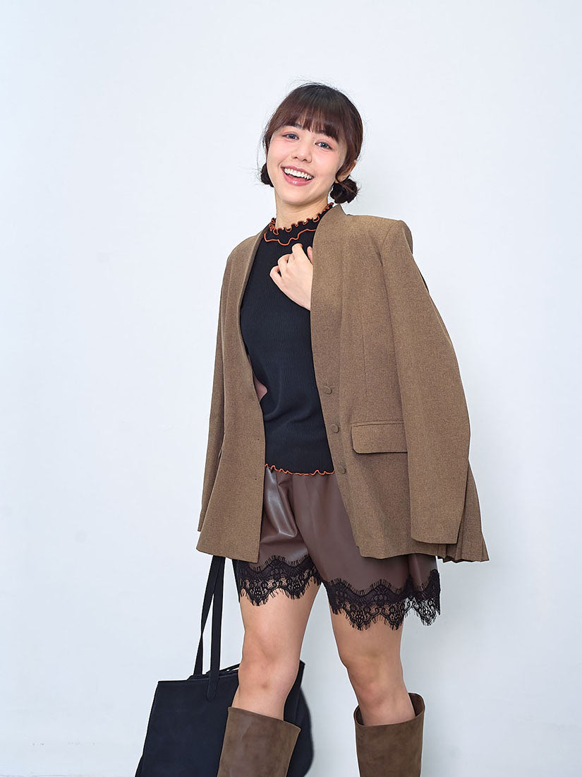 Contrast Lettuce Edge Lace Trim Sleeve Rib Top (2 Colours)