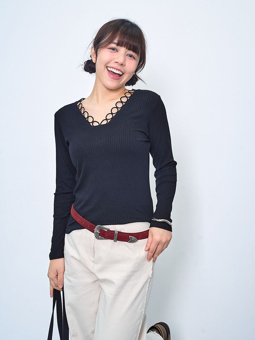 Ring Trim V Neck Ribbed Top (2 Colours)
