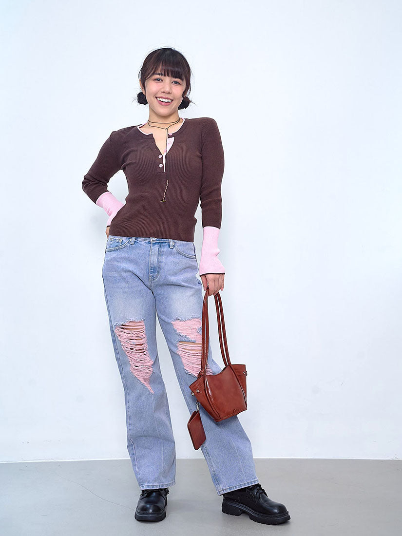 Colourblocked Half Placket Rib Sweater (2 Colours)