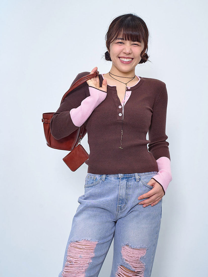Colourblocked Half Placket Rib Sweater (2 Colours)