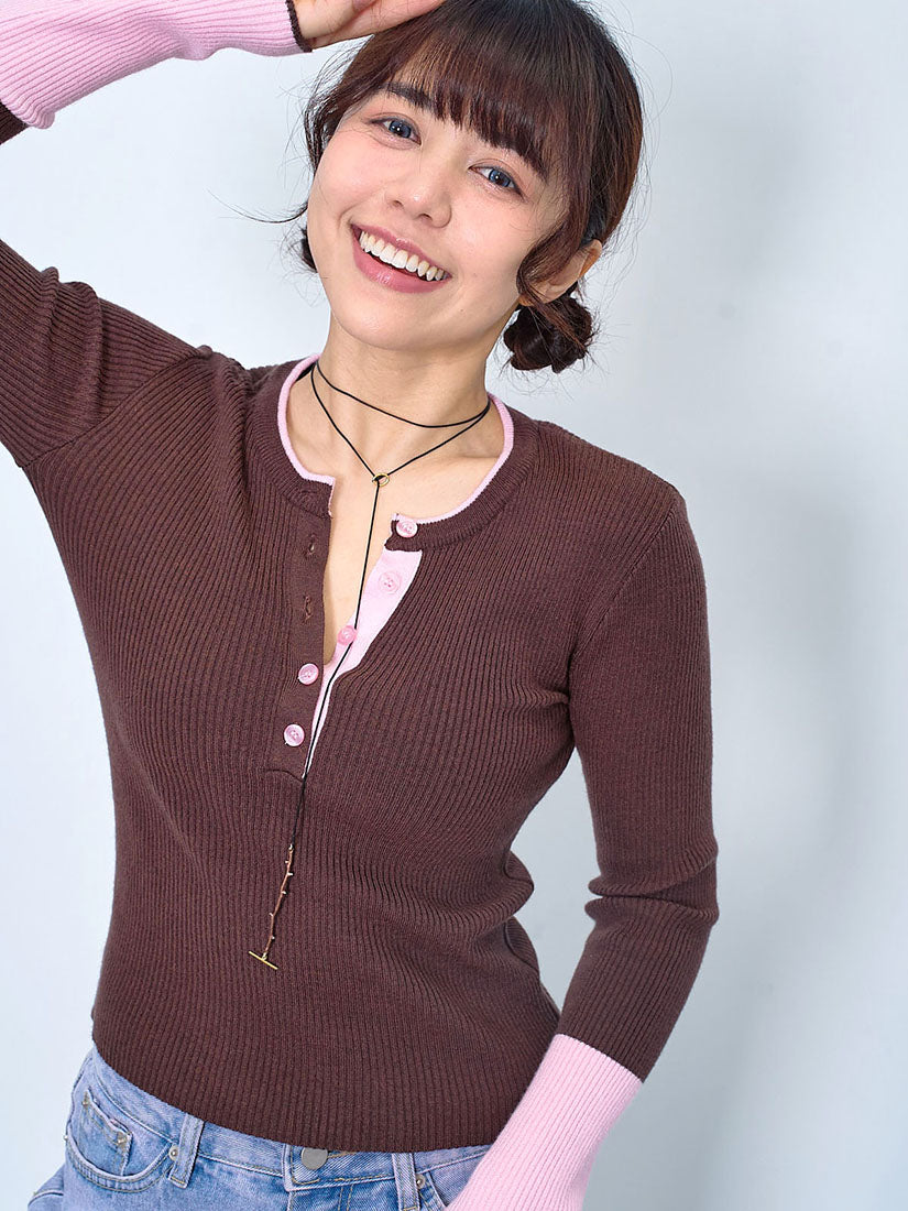 Colourblocked Half Placket Rib Sweater (2 Colours)