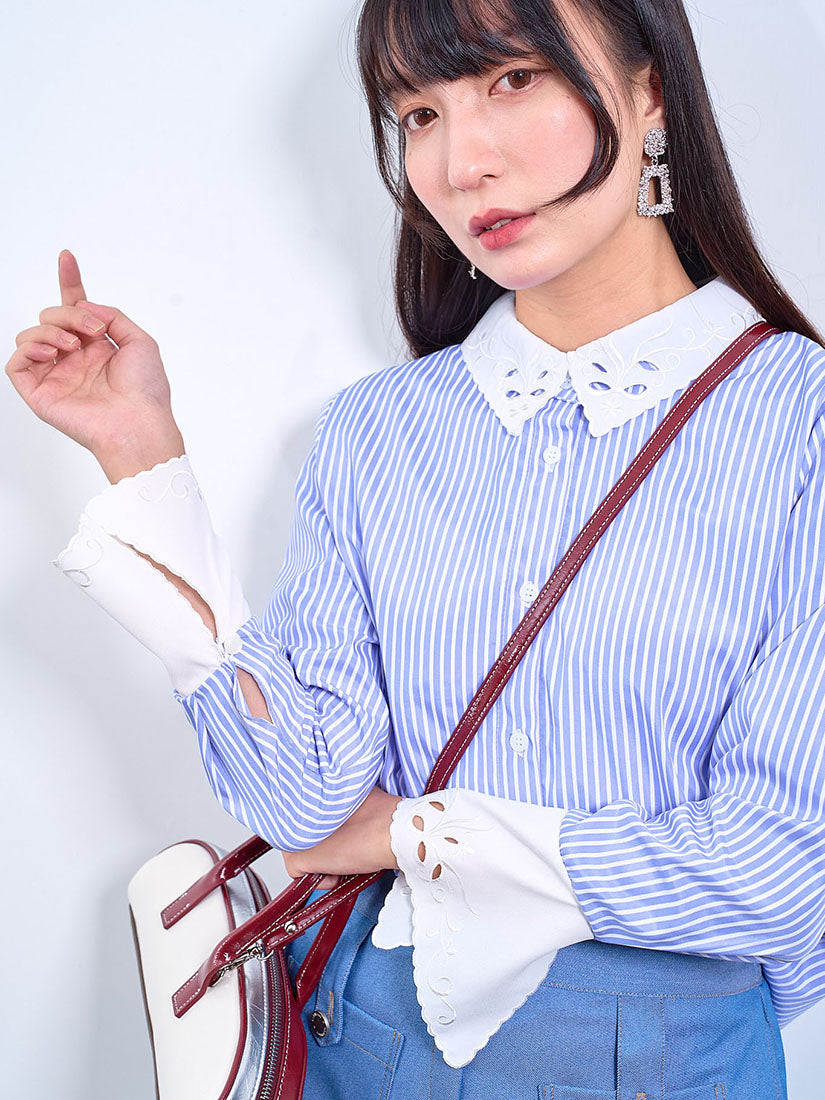 Embroidered Collar Cuff Striped Shirt