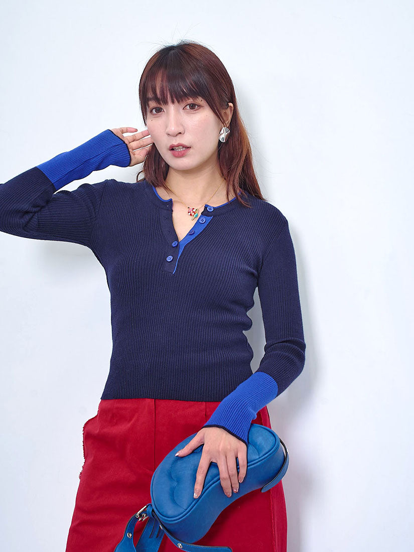 Colourblocked Half Placket Rib Sweater (2 Colours)