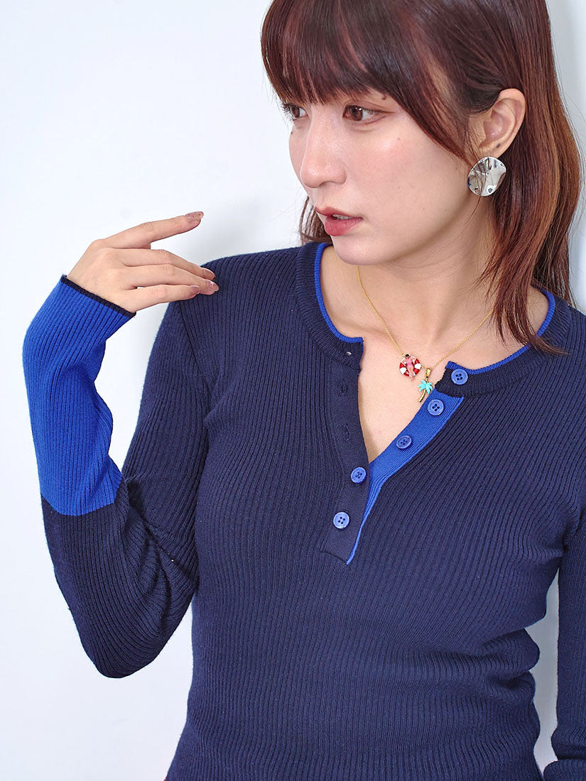 Colourblocked Half Placket Rib Sweater (2 Colours)