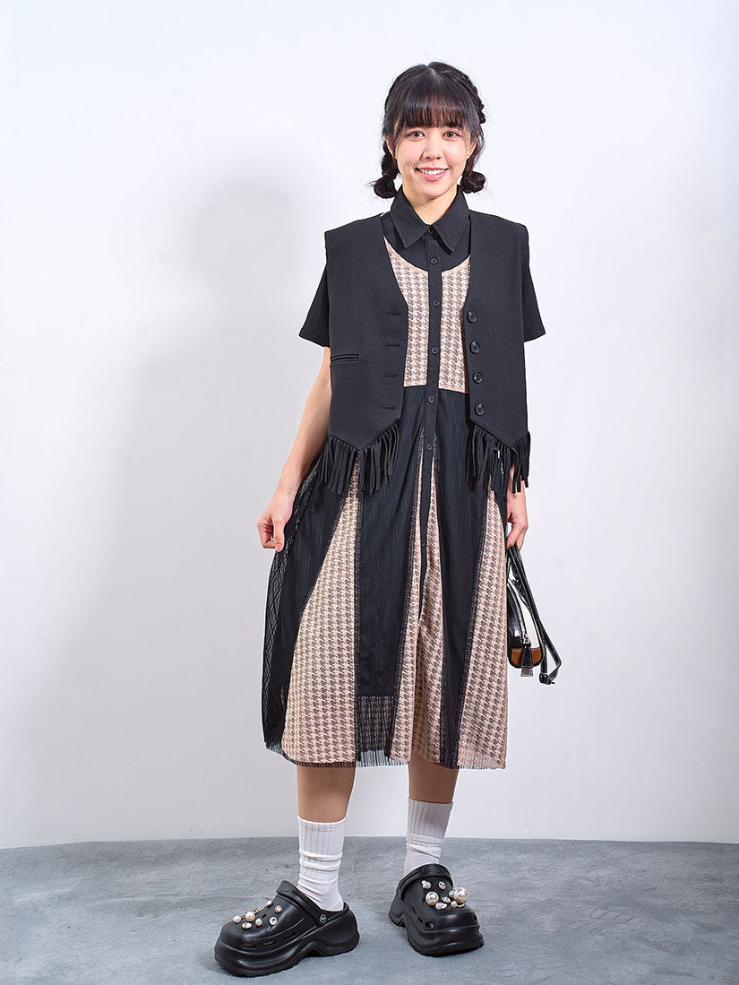 Layered Houndstooth Lace Trim Shirt Dress