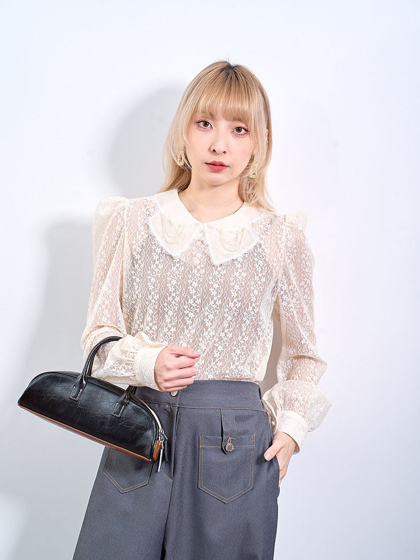 Pearl Organza Collar Floral Lace Blouse