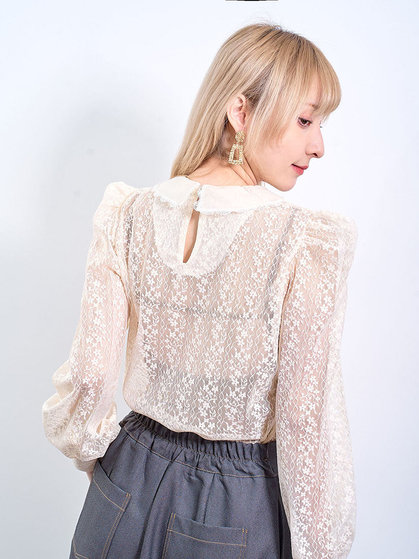 Pearl Organza Collar Floral Lace Blouse