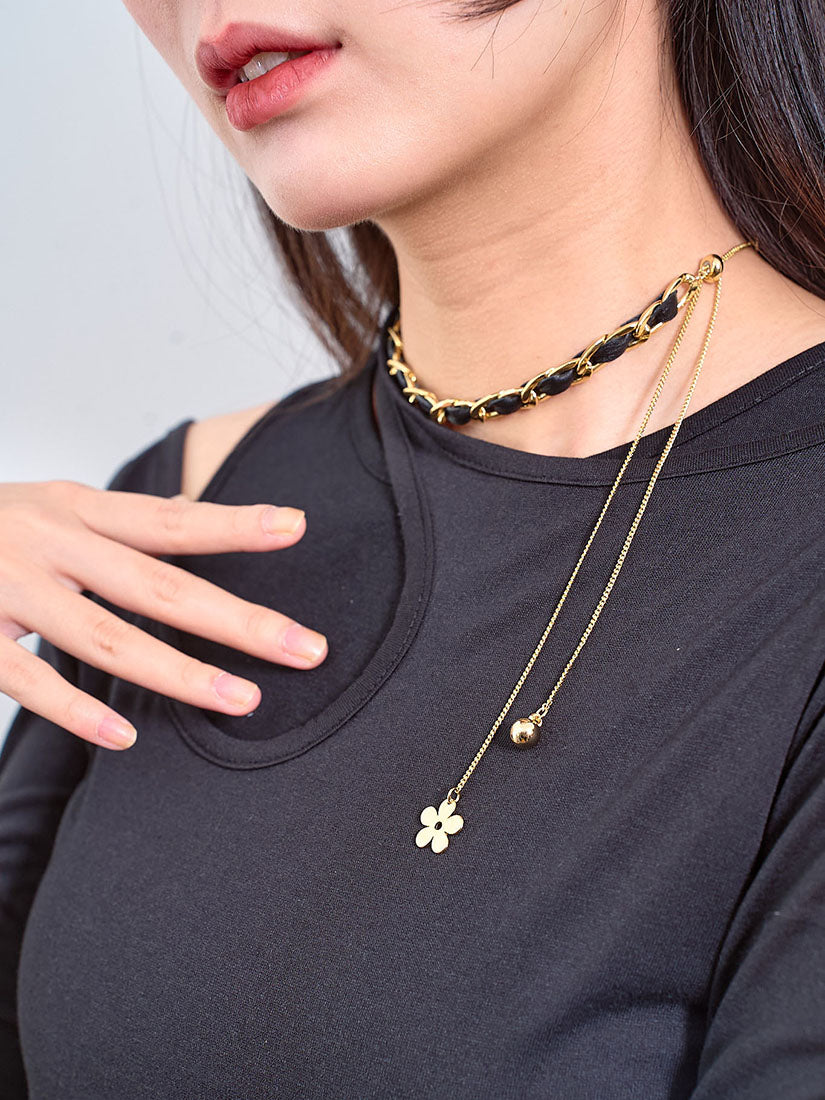 Leather Trim Chain Necklace