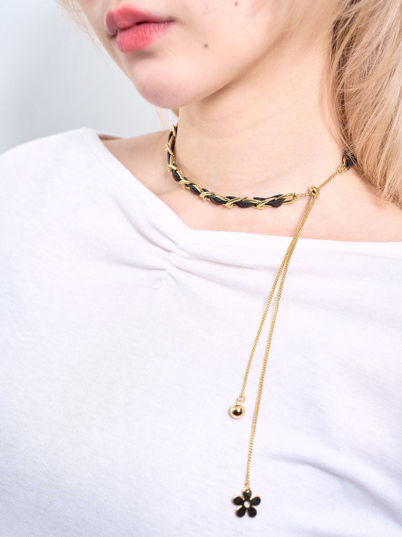 Leather Trim Chain Necklace