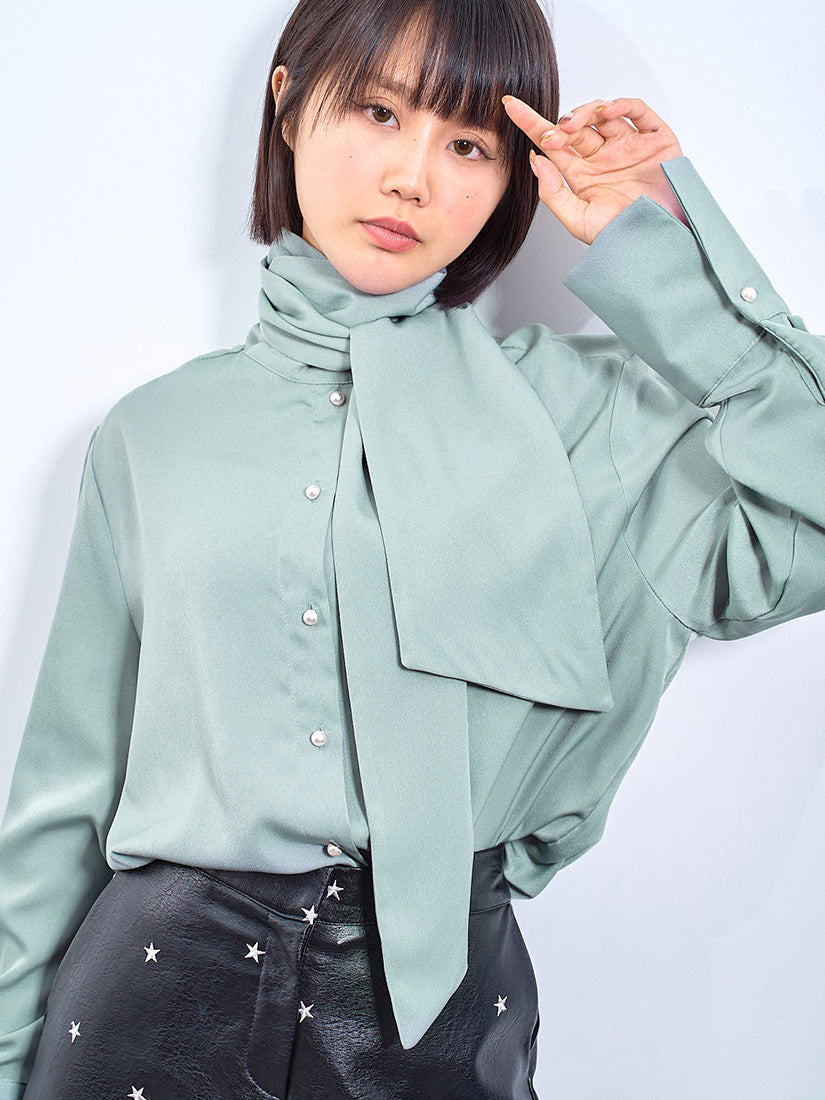 Tie Neck Pearl Button Shirt (2 Colours)