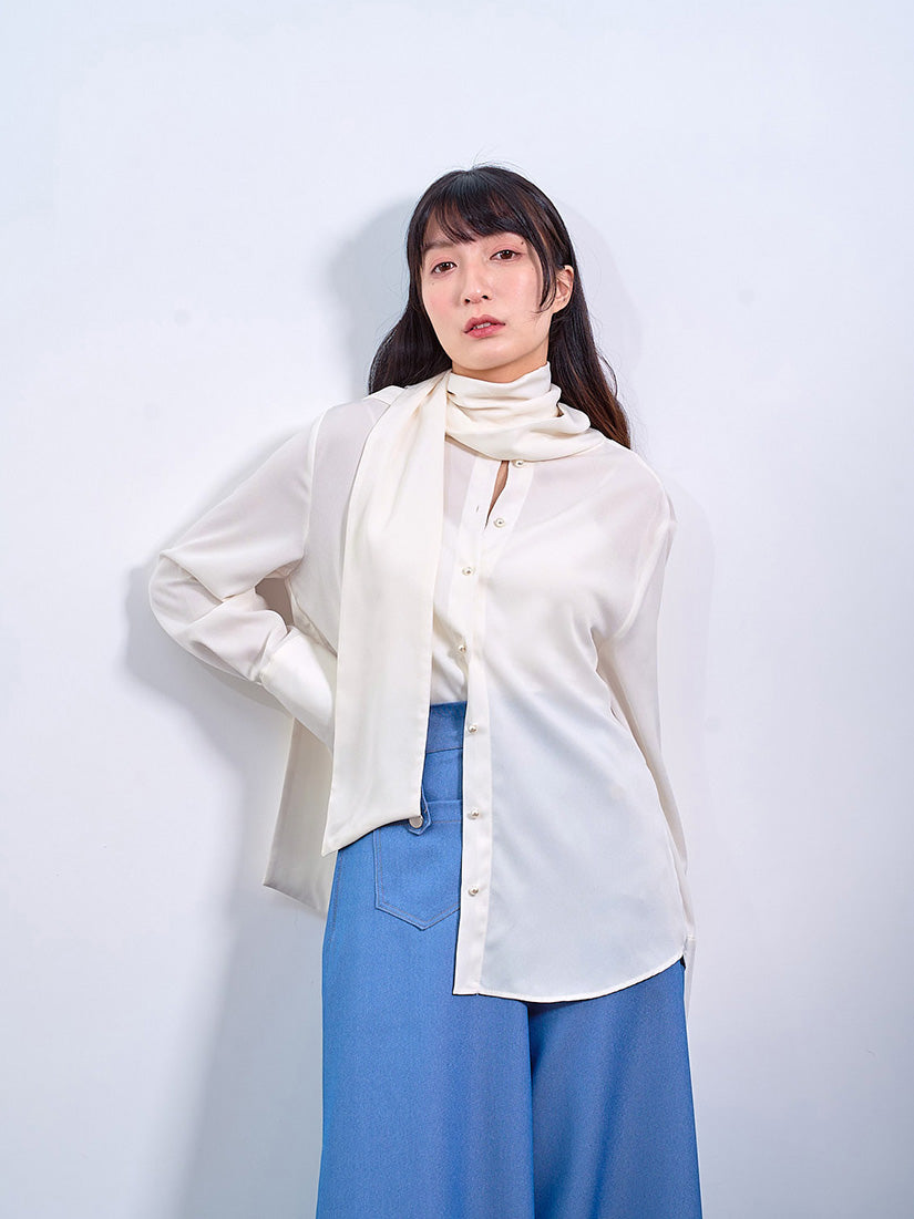 Tie Neck Pearl Button Shirt (2 Colours)