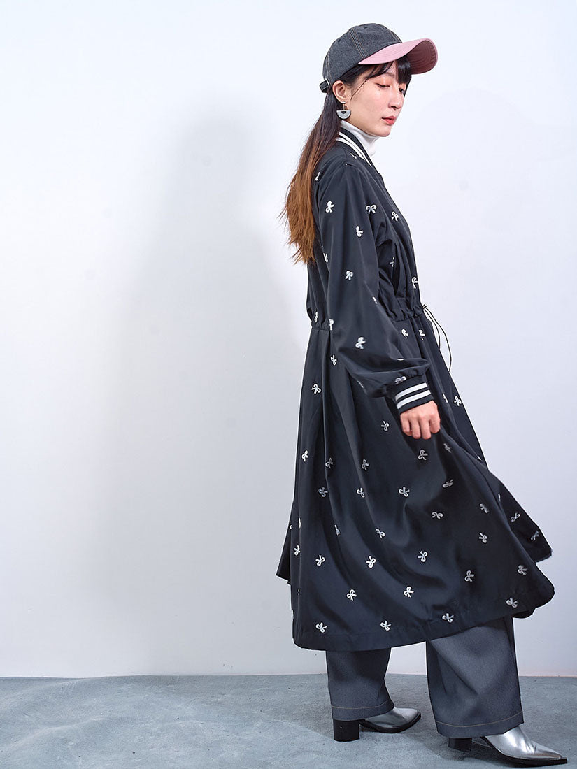 Bow Embroidered Zip Up Dress Coat