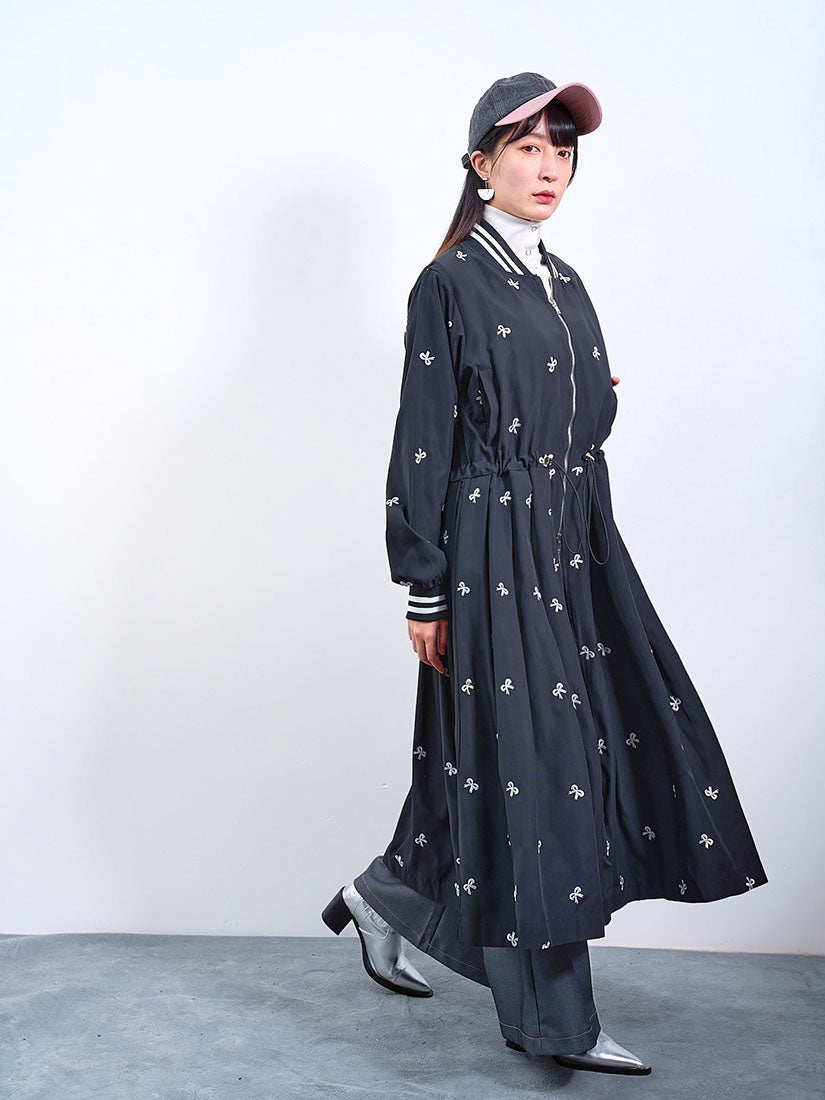 Bow Embroidered Zip Up Dress Coat