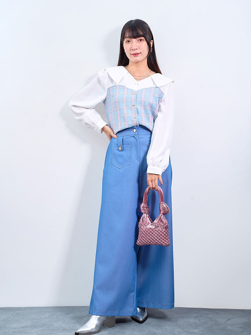 Tweed Panel Flap Collar Blouse (2 Colours)