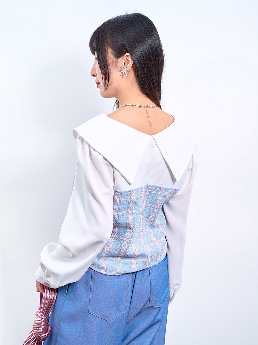 Tweed Panel Flap Collar Blouse (2 Colours)