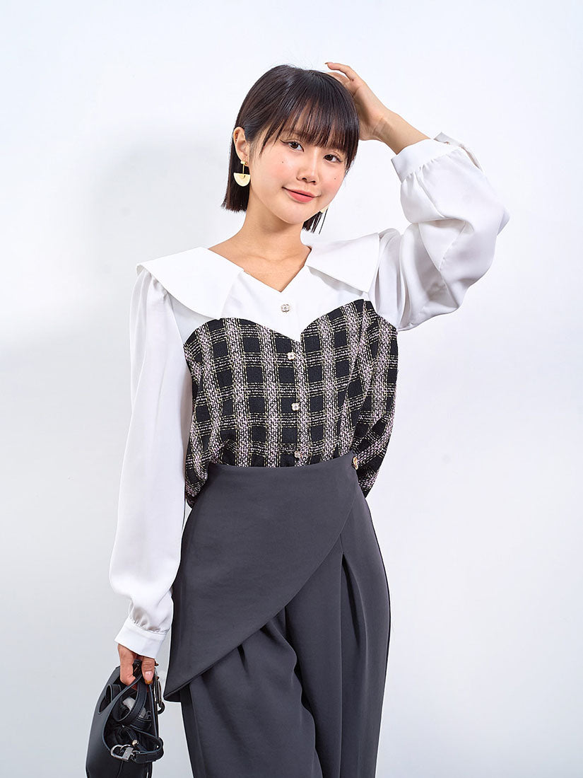 Tweed Panel Flap Collar Blouse (2 Colours)