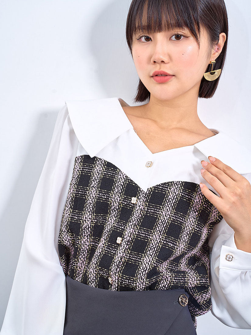 Tweed Panel Flap Collar Blouse (2 Colours)