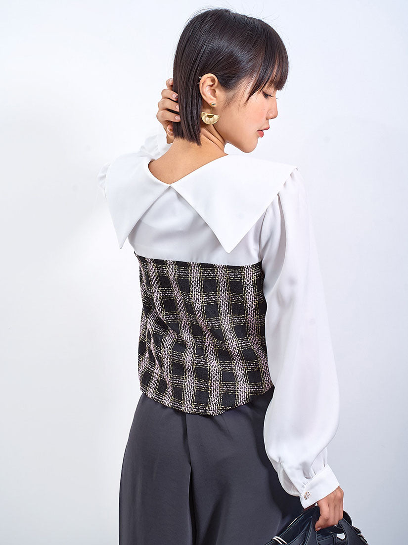 Tweed Panel Flap Collar Blouse (2 Colours)