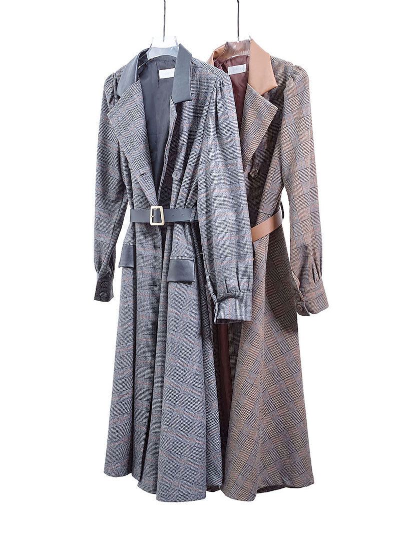 Belted Leather Trim Glen Check Coat (2 Colours)