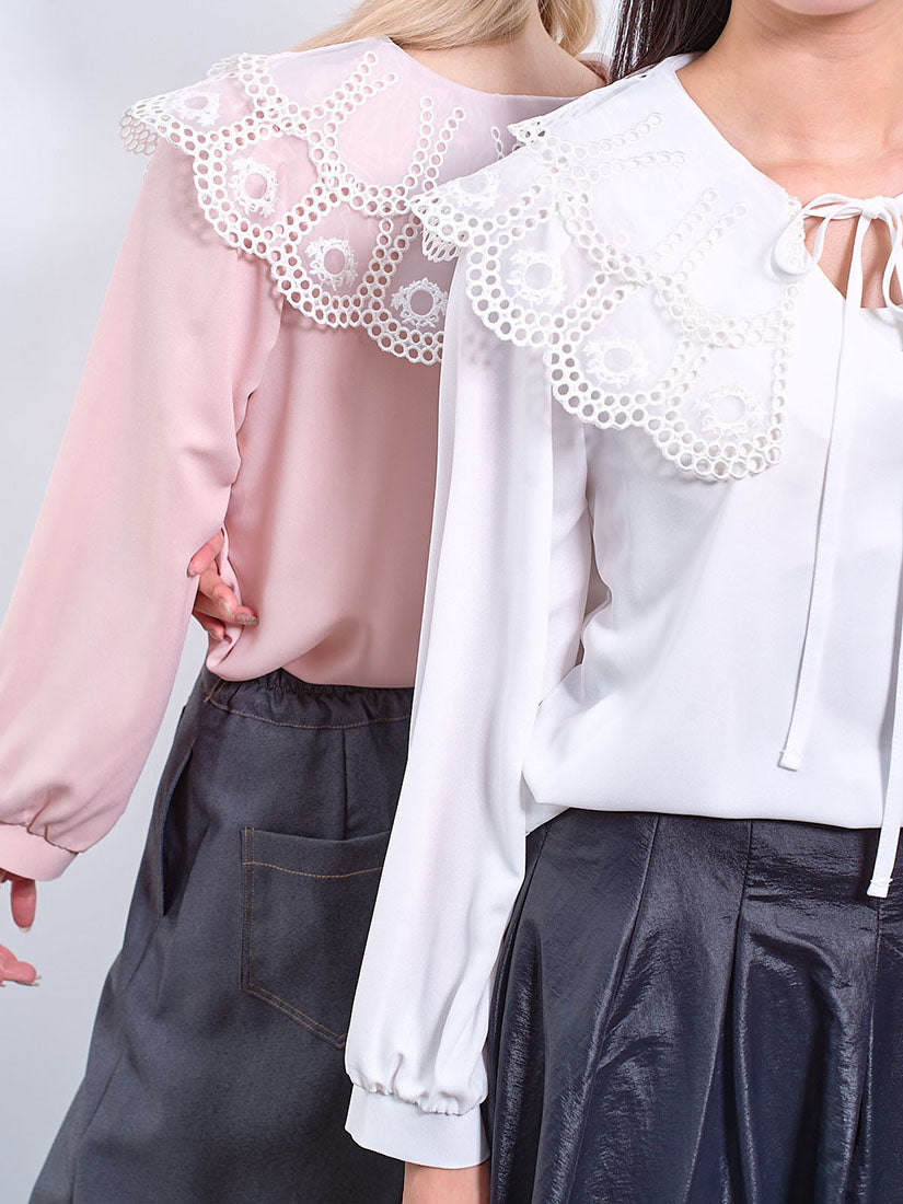 Organza Embroidered Double Collar Blouse (2 Colours)