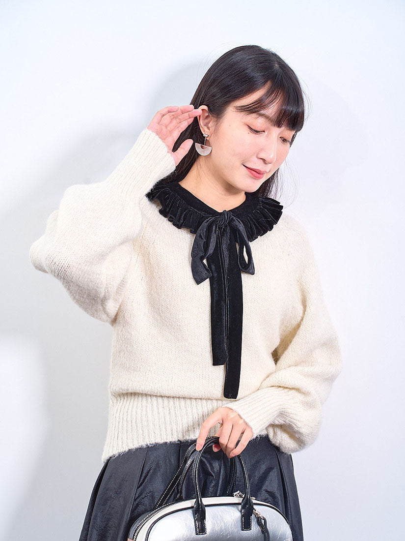 Velvet Ruffle Ribbon Collar Sweater (2 Colours)