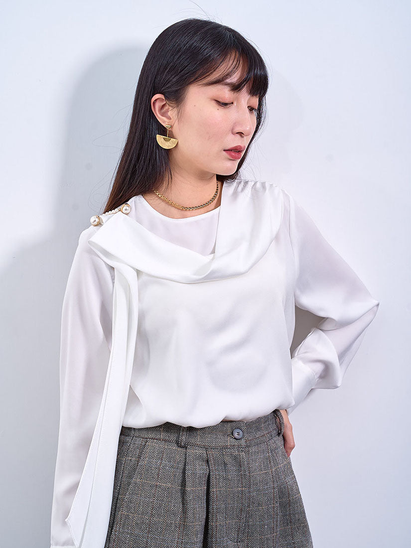 Scarf Collar Pearl Brooch Blouse