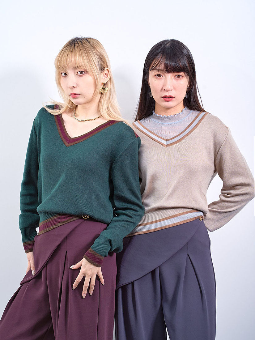 Striped Border V-Neck Sweater (2 Colours)