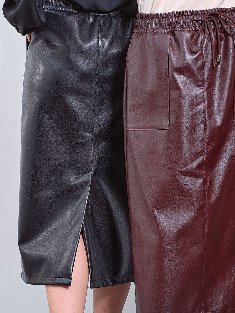 Drawstring Waist Leather Straight Skirt (2 Colours)