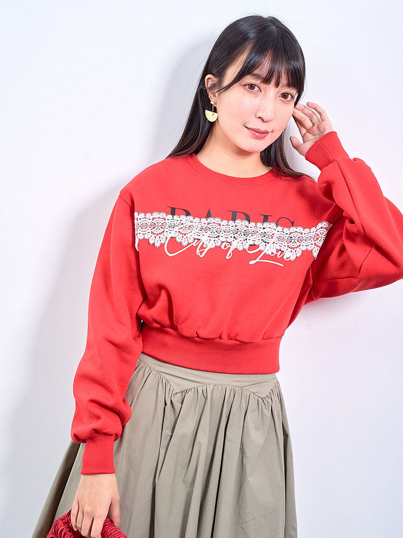 Lace Trim 'Paris' Printed Crop Sweatshirt (2 Colours)