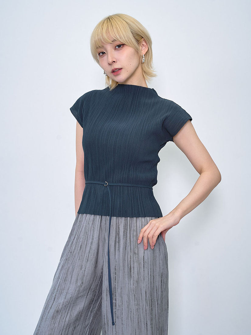 Belted Wrinkle Pleat Mock Neck Top (2 Colours)