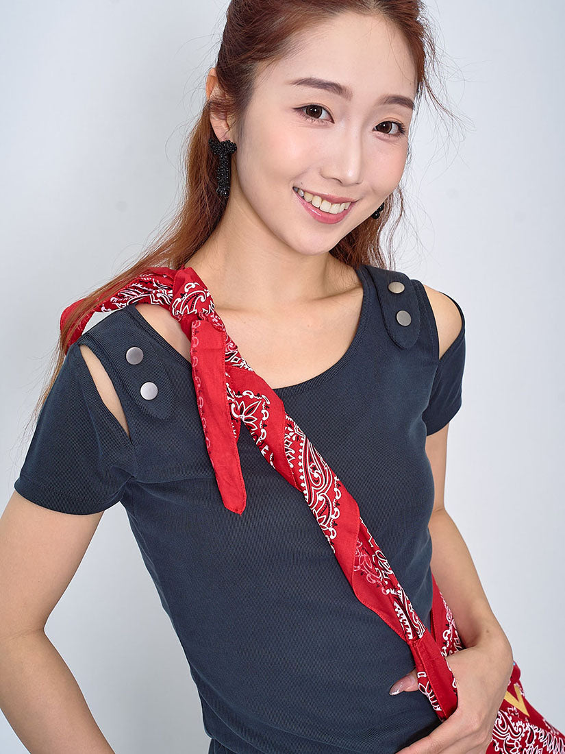 Cut Out Shoulder Matt Button Rib Top (2 Colours)
