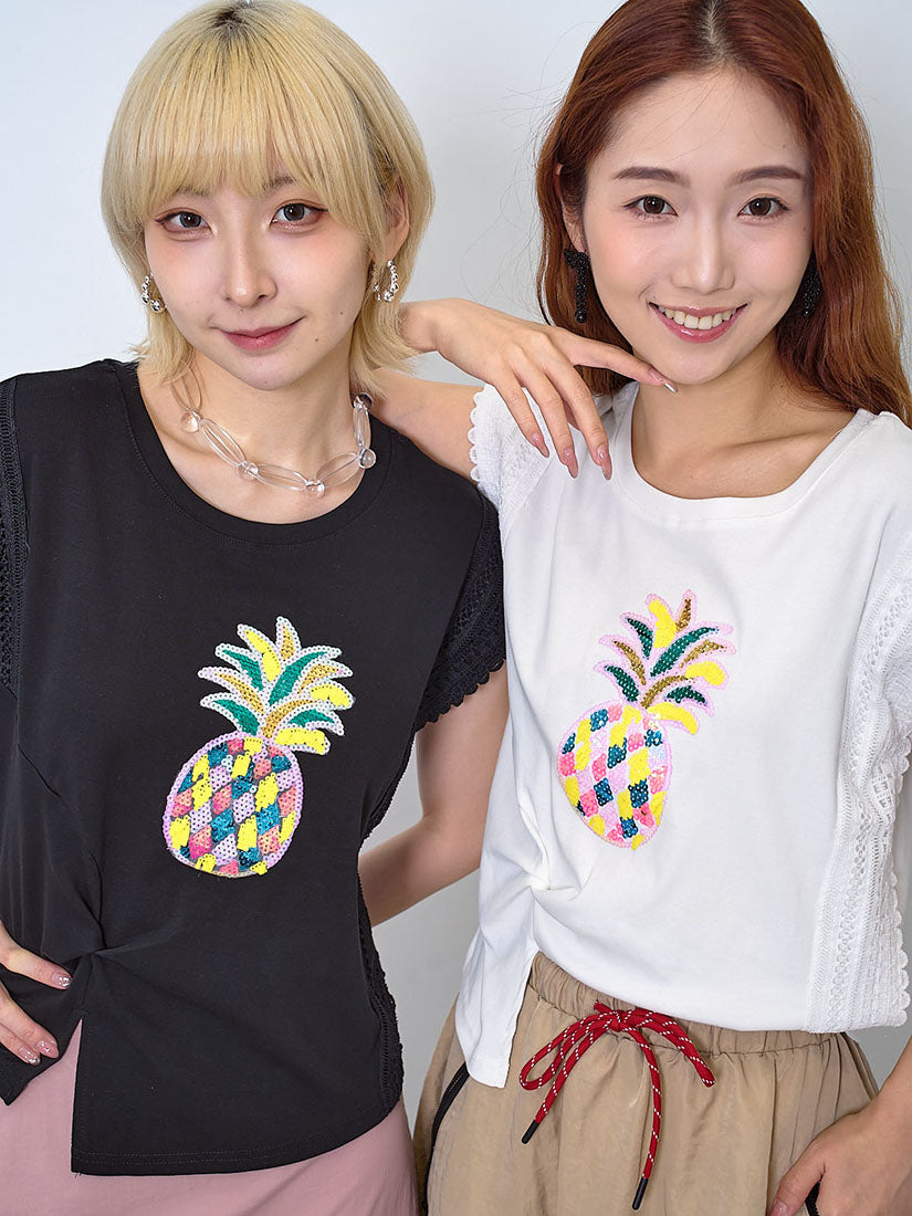 Pineapple Embellished Lace Trim Vest Top (2 Colours)