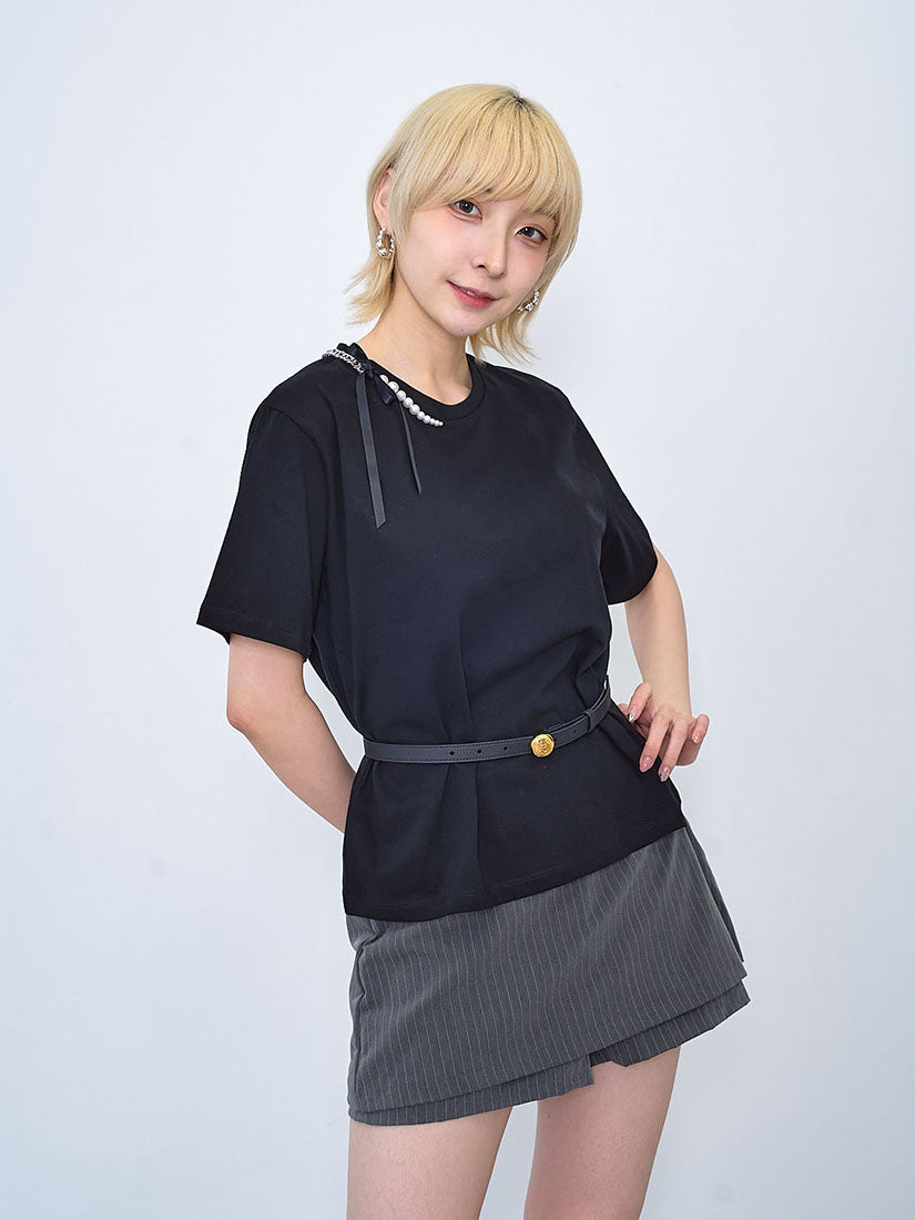 Half Pearl Chain Ribbon Bow Neck Tee (2 Colours)