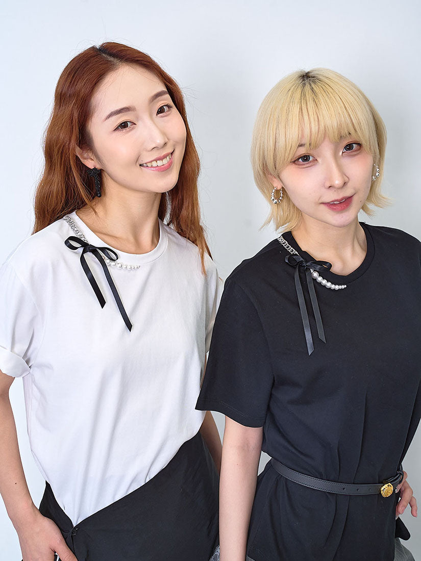Half Pearl Chain Ribbon Bow Neck Tee (2 Colours)