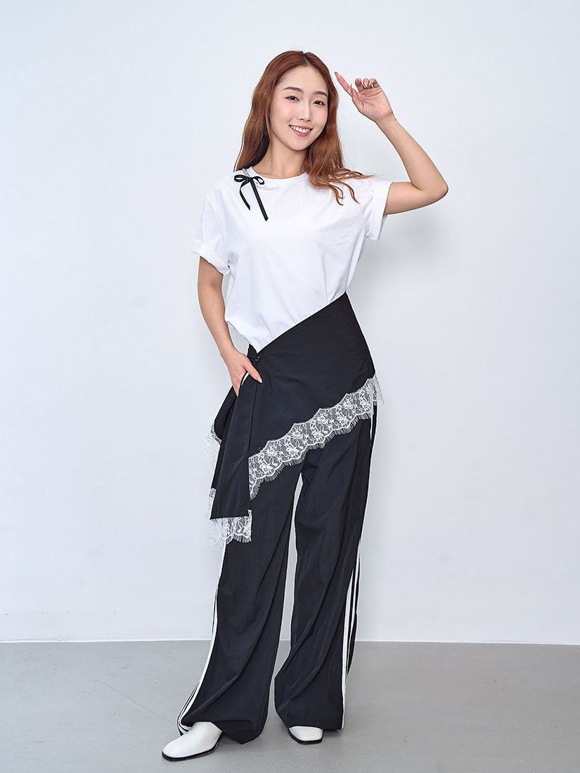 Half Pearl Chain Ribbon Bow Neck Tee (2 Colours)