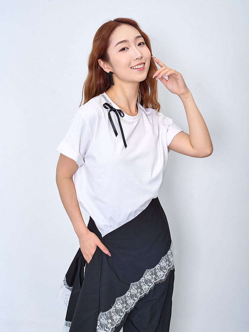 Half Pearl Chain Ribbon Bow Neck Tee (2 Colours)
