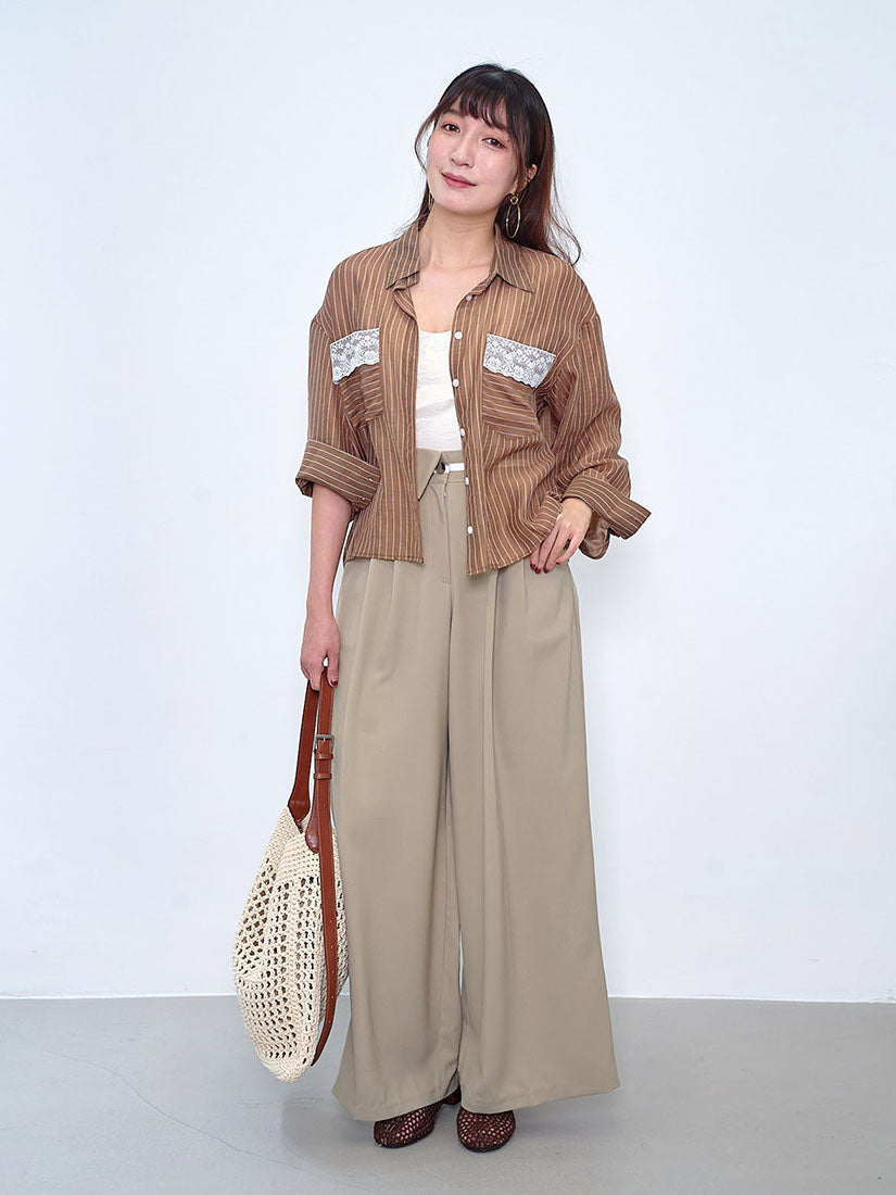 Lace Trim Front Pocket Striped Shirt (2 Colours)