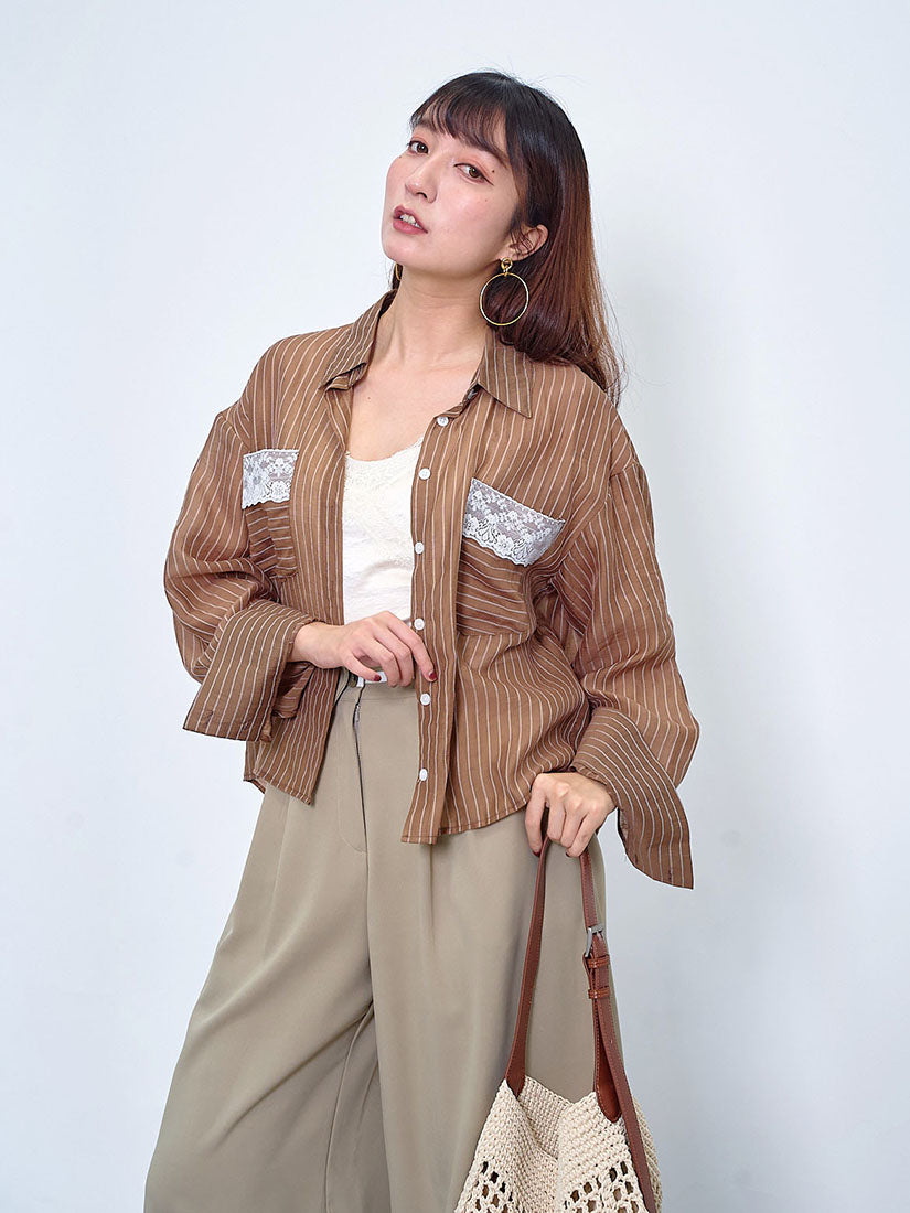Lace Trim Front Pocket Striped Shirt (2 Colours)