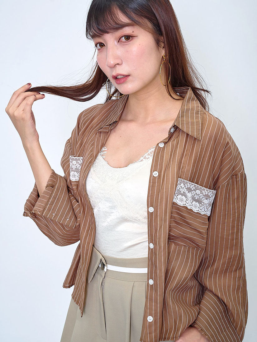 Lace Trim Front Pocket Striped Shirt (2 Colours)