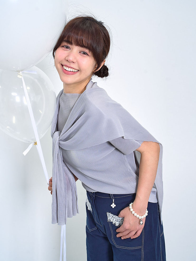 Pleats Mock Neck Top With Scarf (2 Colours)