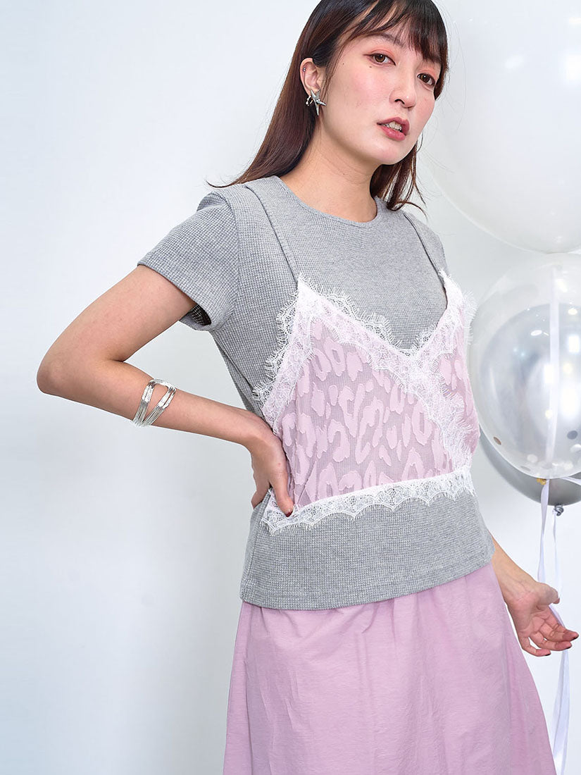 Lace Trim Cami Cover Up Waffle Tee (2 Colours)