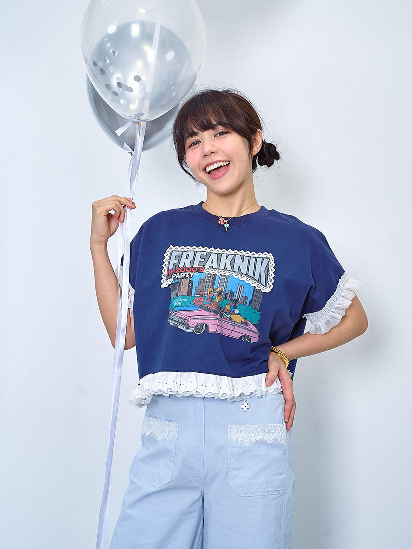 'Freaknik' Printed Lace Trim Crop Tee (2 Colours)