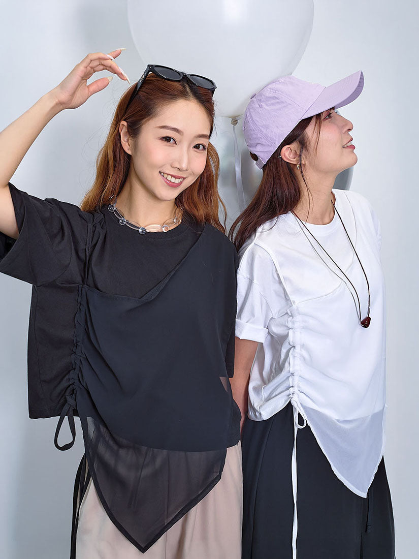 Mesh Panel Drawstring Detailed Tee (2 Colours)