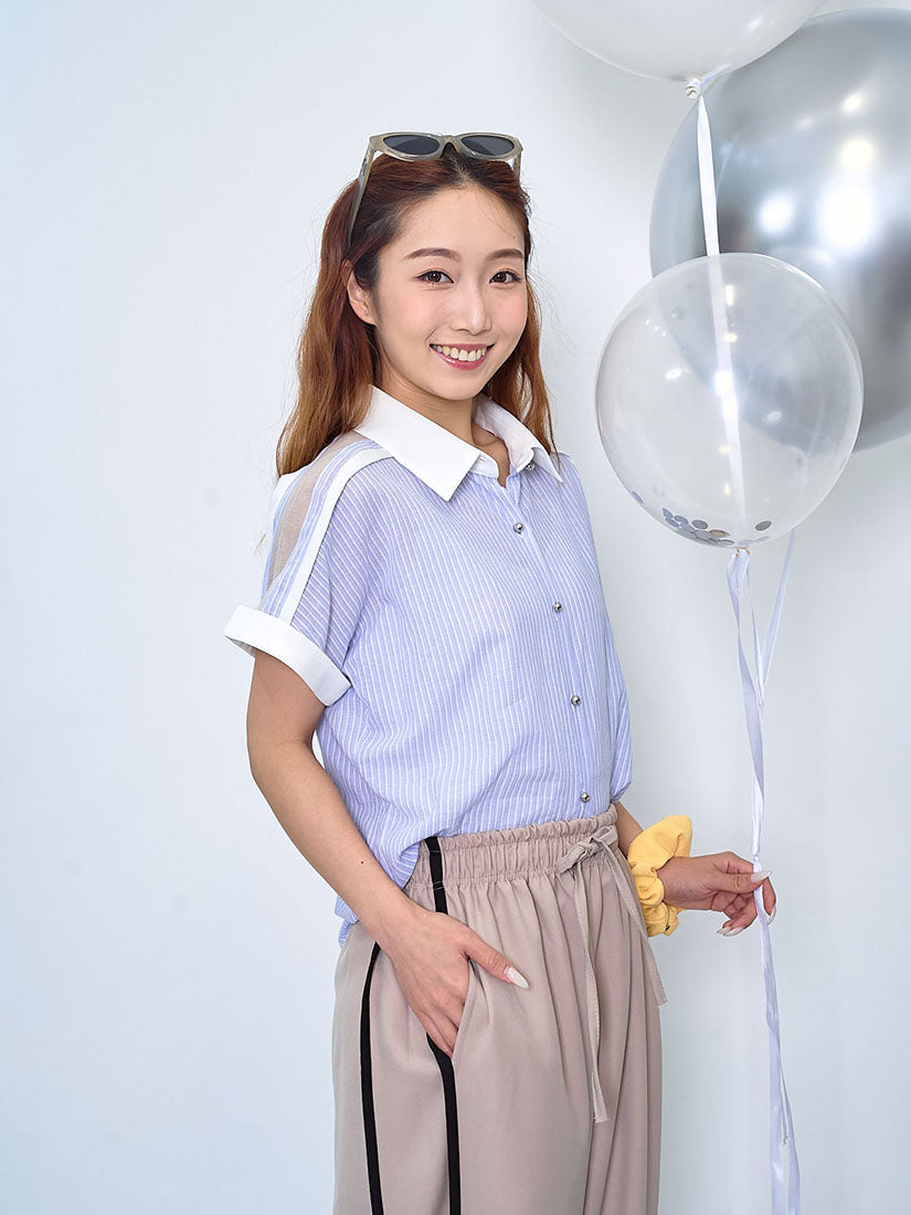 See-Though Shoulder Trim Striped Shirt