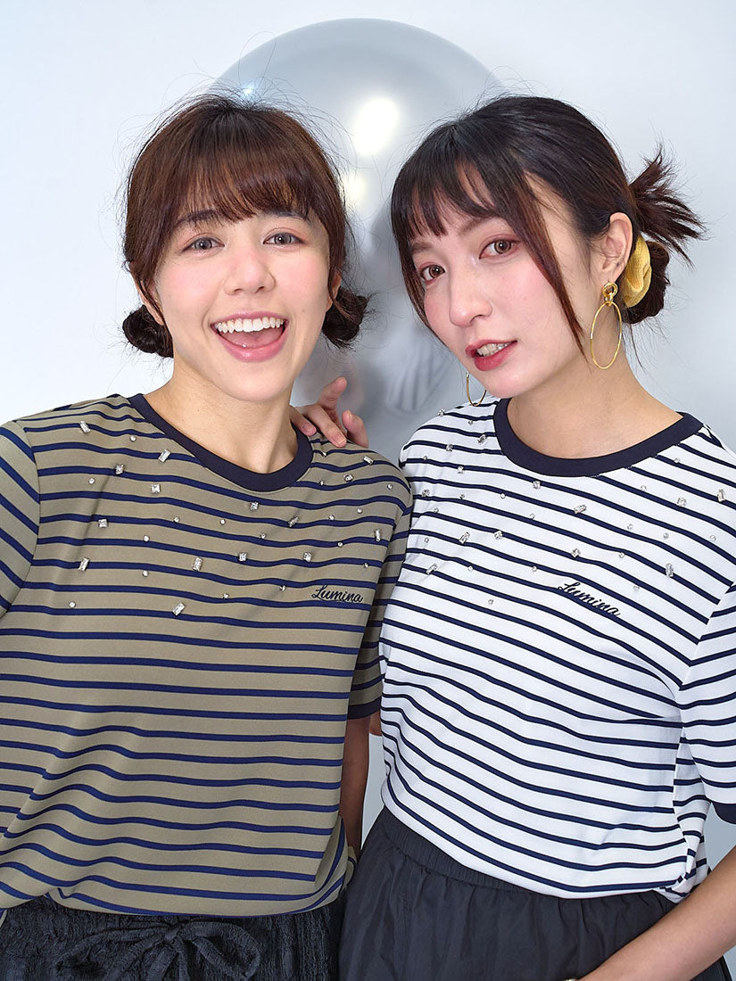 Gemstone Embellishment Striped Tee (2 Colours)