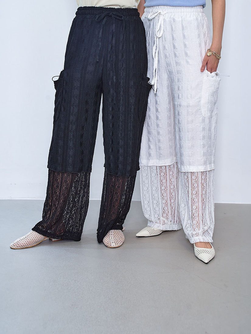Lace Hem Double Drawstring Pockets Textured Pants (2 Colours)