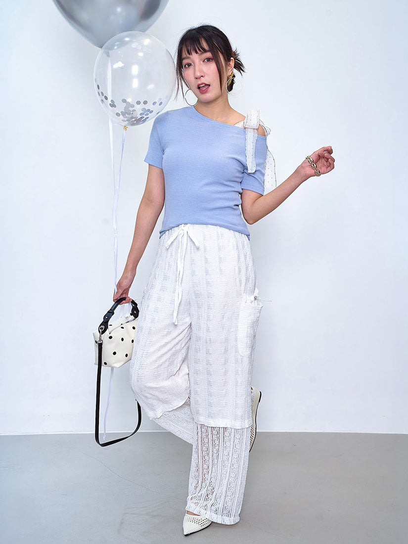 Lace Hem Double Drawstring Pockets Textured Pants (2 Colours)