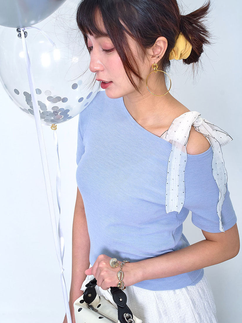 Ribbon Strap Single Shoulder Rib Top (2 Colours)