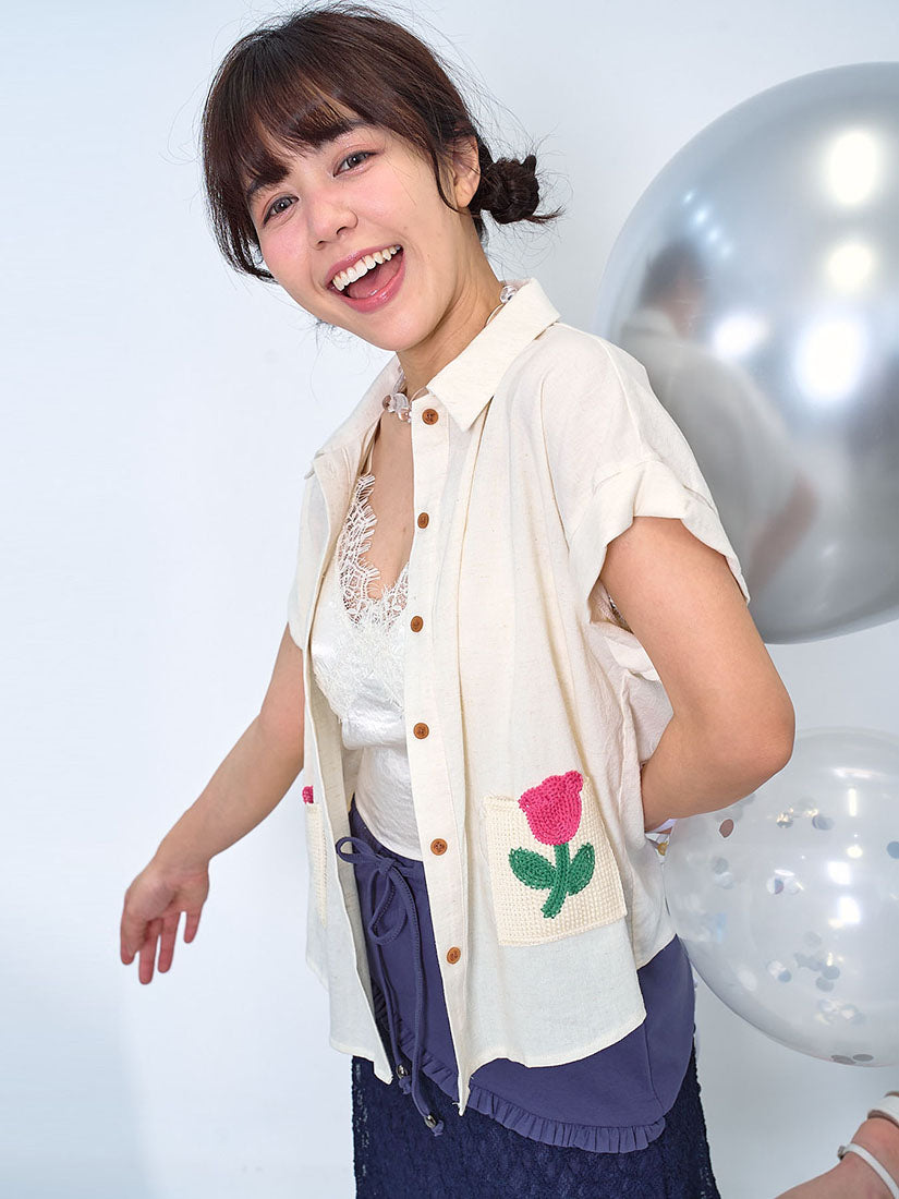 Flower Embroidered Pocket Linen Shirt