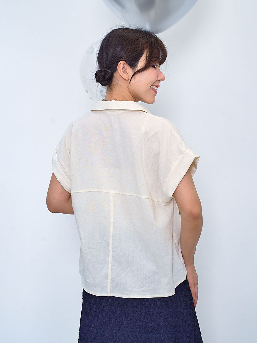 Flower Embroidered Pocket Linen Shirt